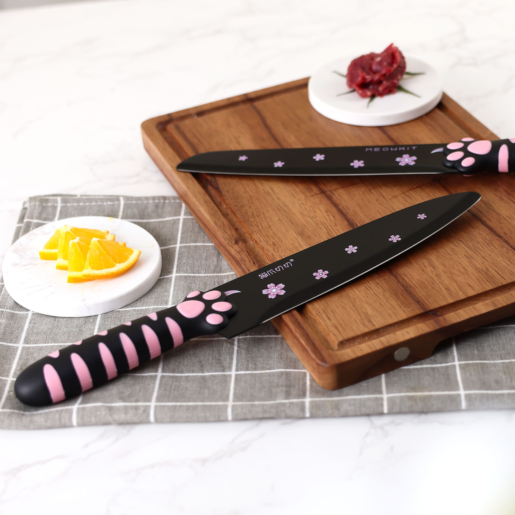 Meowkit 5 Pieces Kitchen Knife Set, Black&Pink Block Kitchen Knives