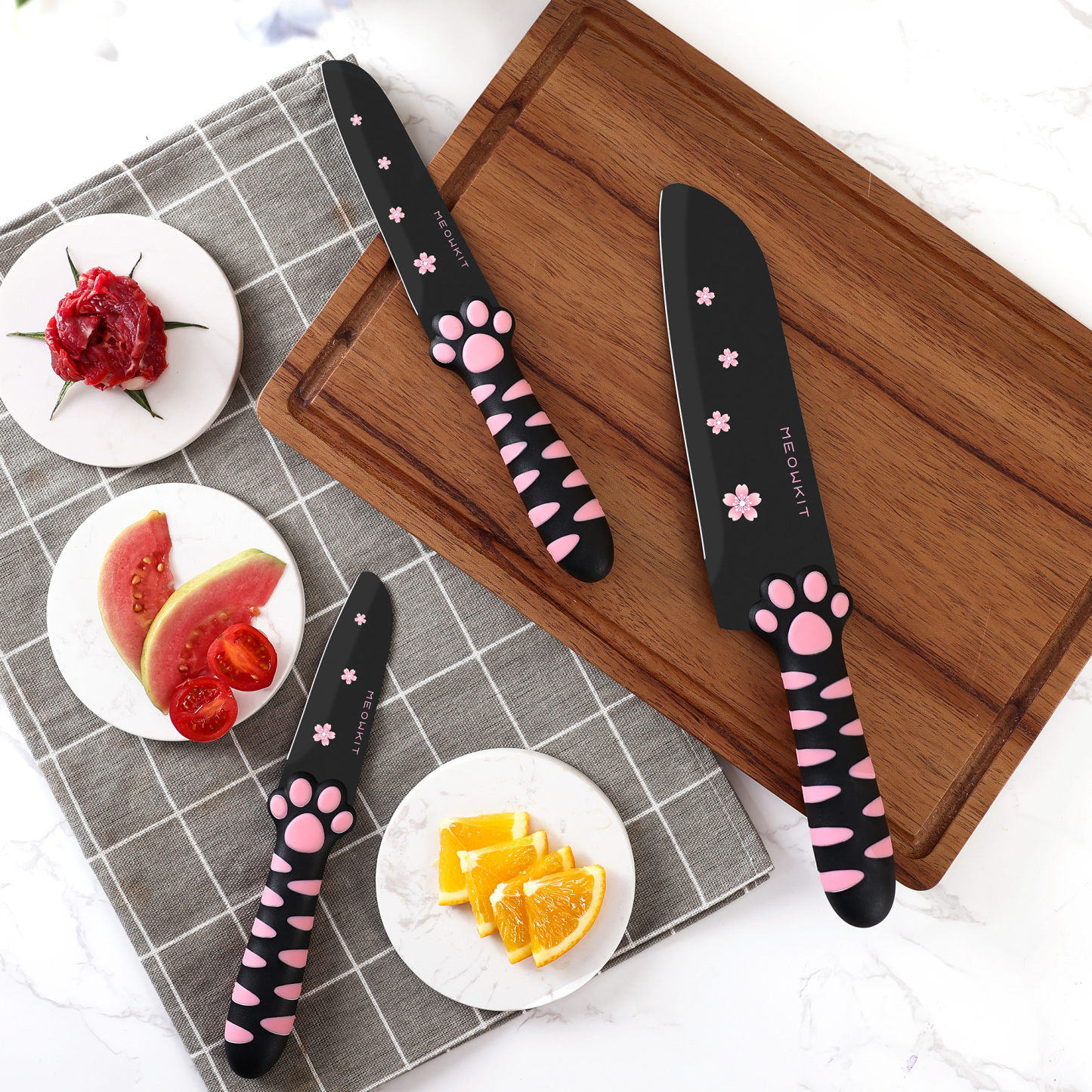 Meowkit 5 Pieces Kitchen Knife Set, Black&Pink Block Kitchen Knives