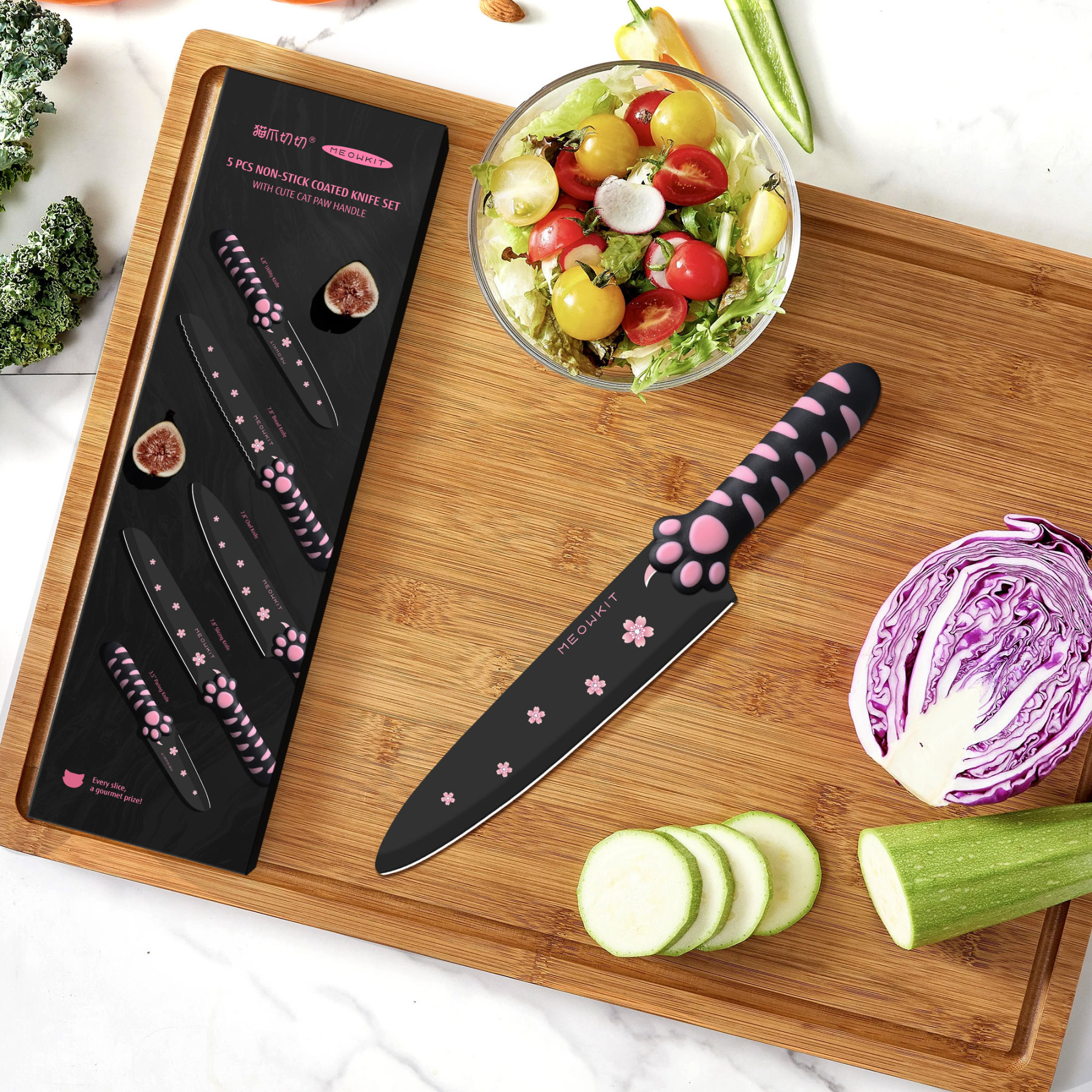 Meowkit 5 Pieces Kitchen Knife Set, Black&Pink Block Kitchen Knives
