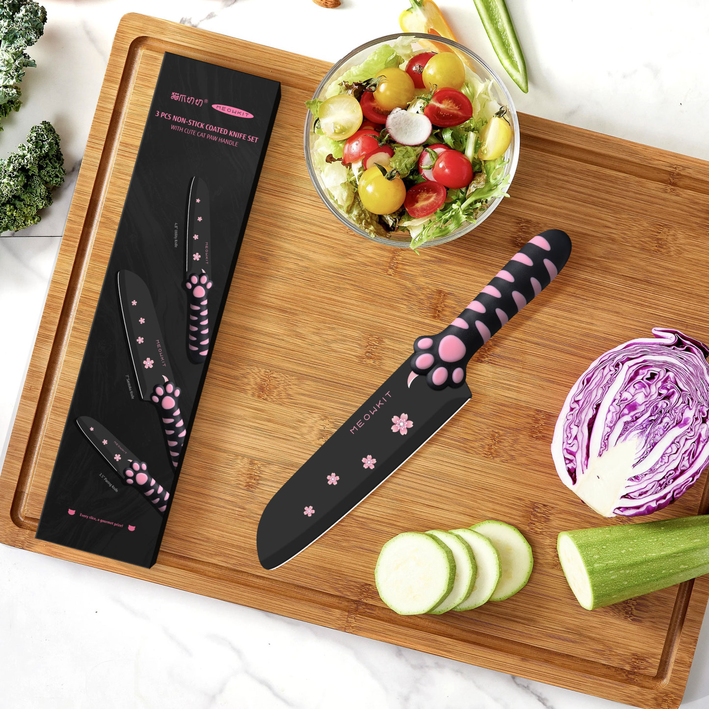Meowkit 5 Pieces Kitchen Knife Set, Black&Pink Block Kitchen Knives