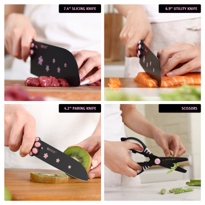 Meowkit 5 PCS Stainless Steel Knife Set – Pink & Black Cooking Blades with Storage Block, Cute & Modern Kitchen Essential