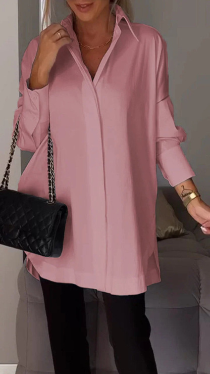 Women Long Sleeve Blouse Lapel Slit Shirt