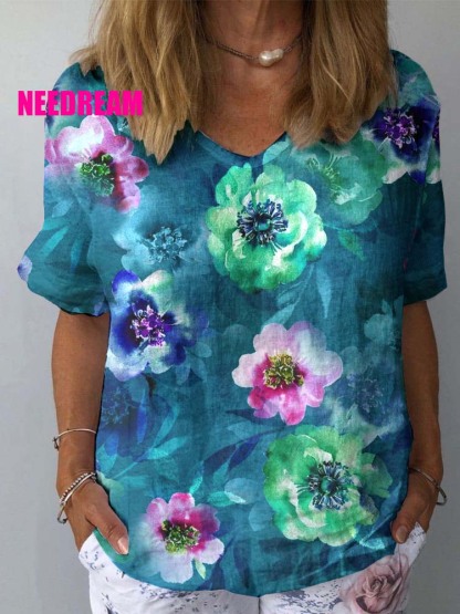 Women's  Watercolor Rose Floral Pattern Print Cotton And Linen Top