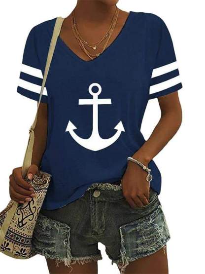 V-Neck Stylish Anchor Contrast Print T-Shirt