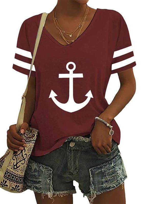 V-Neck Stylish Anchor Contrast Print T-Shirt