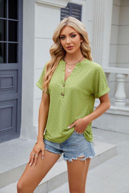 Solid color V-neck button loose short-sleeved T-shirt women's top