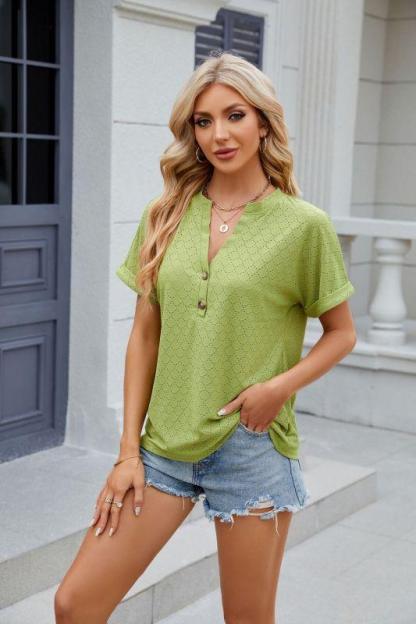 Solid color V-neck button loose short-sleeved T-shirt women's top