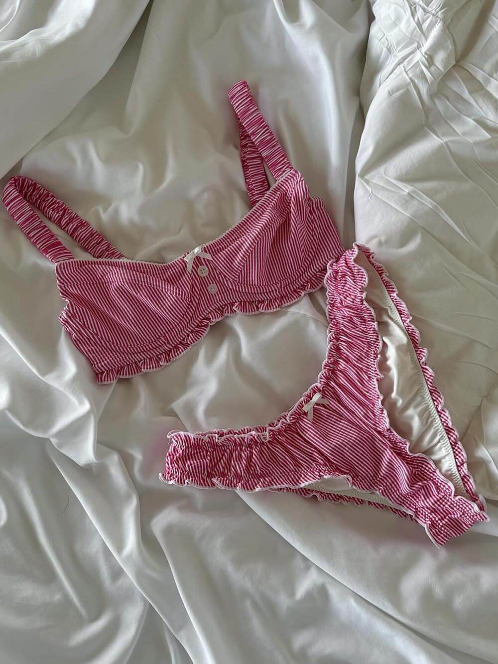 Sweet And Sexy Striped Print Ruffled Bikini Set