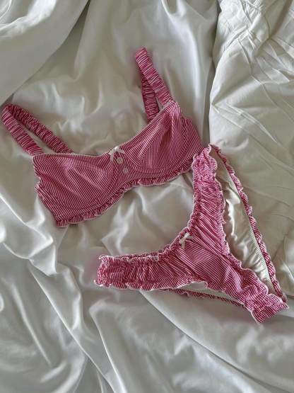Sweet And Sexy Striped Print Ruffled Bikini Set