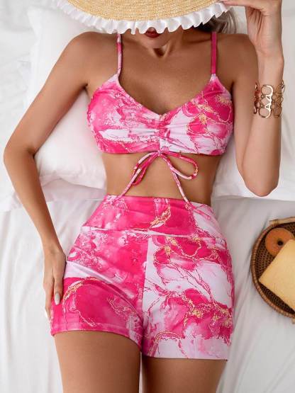 Sexy Tie-Dye Print Drawstring Bikini Set