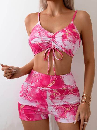Sexy Tie-Dye Print Drawstring Bikini Set