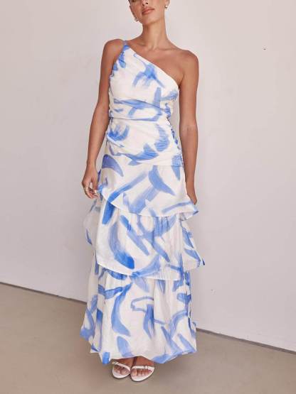 Unique Pleated Asymmetric Neckline Print Maxi Dress