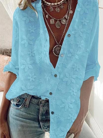 V Neck Embroidery Simple Cotton Plain Loose Blouse