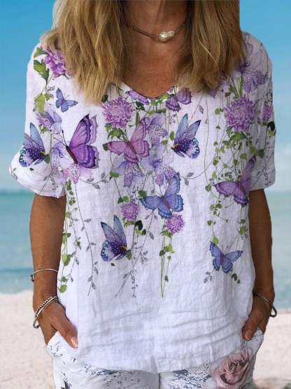 Women's Floral Butterfly Print Casual Top