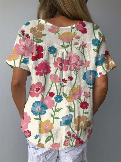 Women's Vintage Elegant Floral Art Print Casual Cotton And Linen Shirt