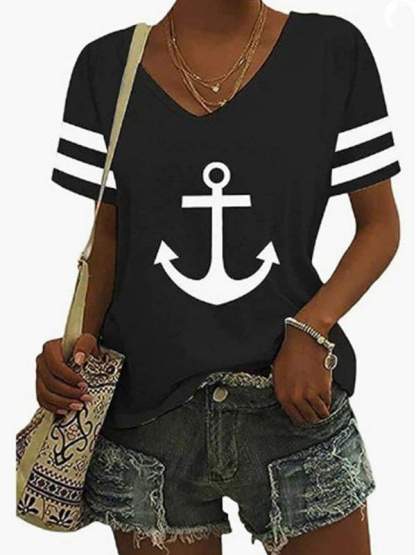 V-Neck Stylish Anchor Contrast Print T-Shirt