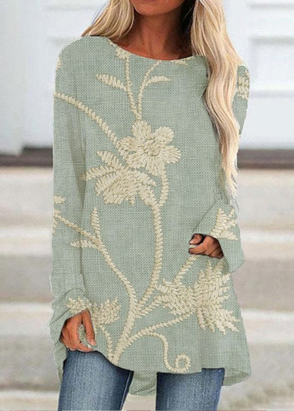 Floral Pattern Long Sleeve O-neck Casual T-shirt for Women