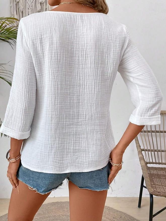 Women's Shirt Blouse Solid Color Daily Basic 3/4 Length Sleeve Notched Neck White Summer 2024 - $24.99 –P2