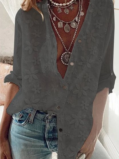 V Neck Embroidery Simple Cotton Plain Loose Blouse