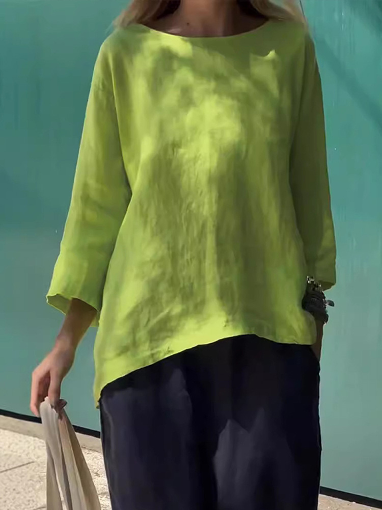 Women Solid color cotton and linen long sleeve shirt