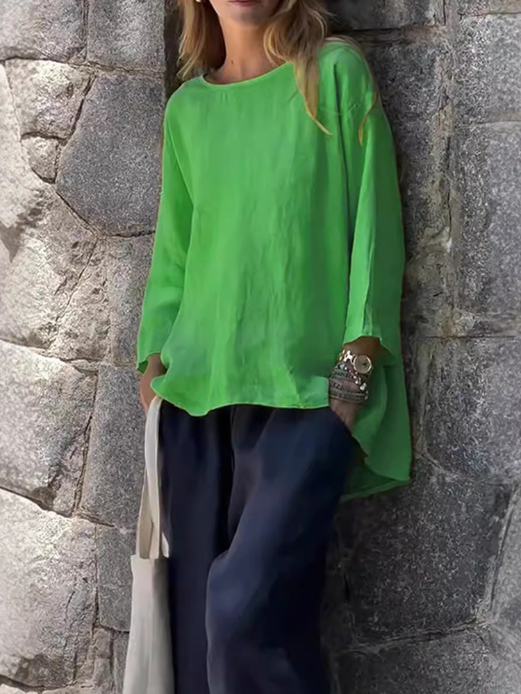 Women Solid color cotton and linen long sleeve shirt