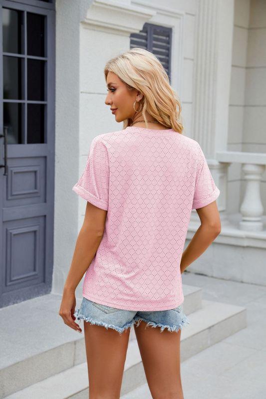 Solid color V-neck button loose short-sleeved T-shirt women's top