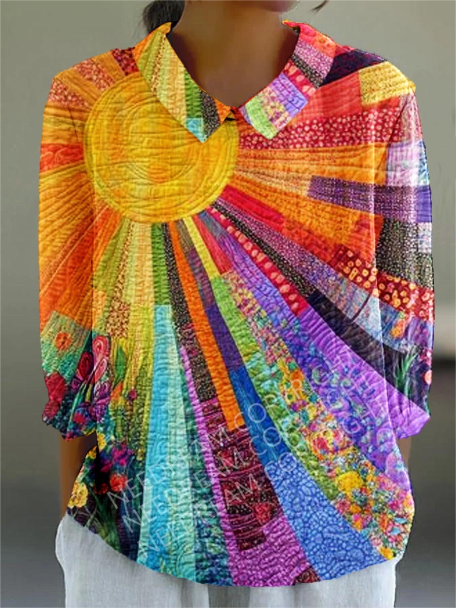Women's Vintage Colorful Floral Pattern Casual Cotton And Linen Top