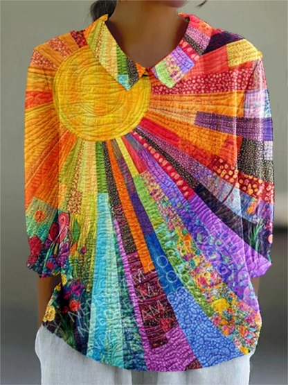 Women's Vintage Colorful Floral Pattern Casual Cotton And Linen Top