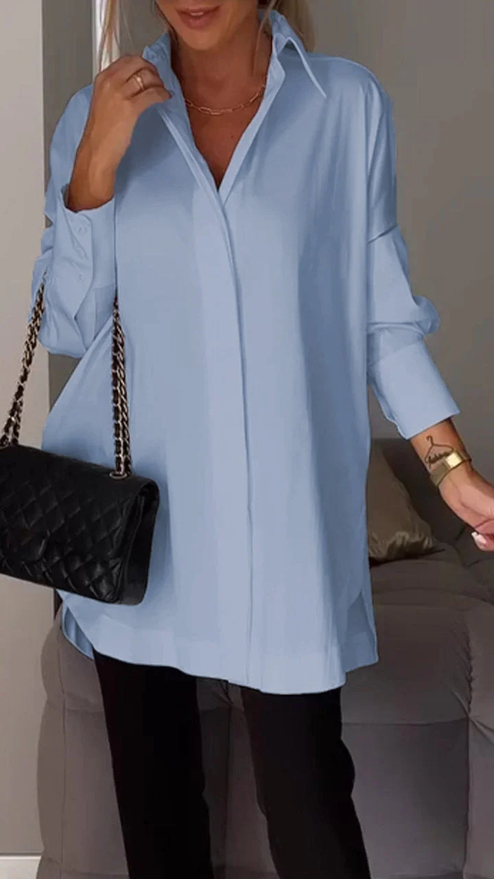 Women Long Sleeve Blouse Lapel Slit Shirt