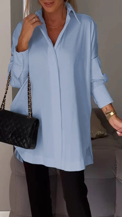 Women Long Sleeve Blouse Lapel Slit Shirt