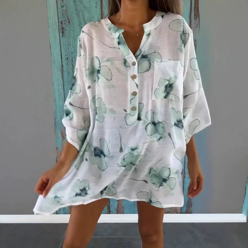 Women'S Simple Floral Print V-Neck Pullover Shirt