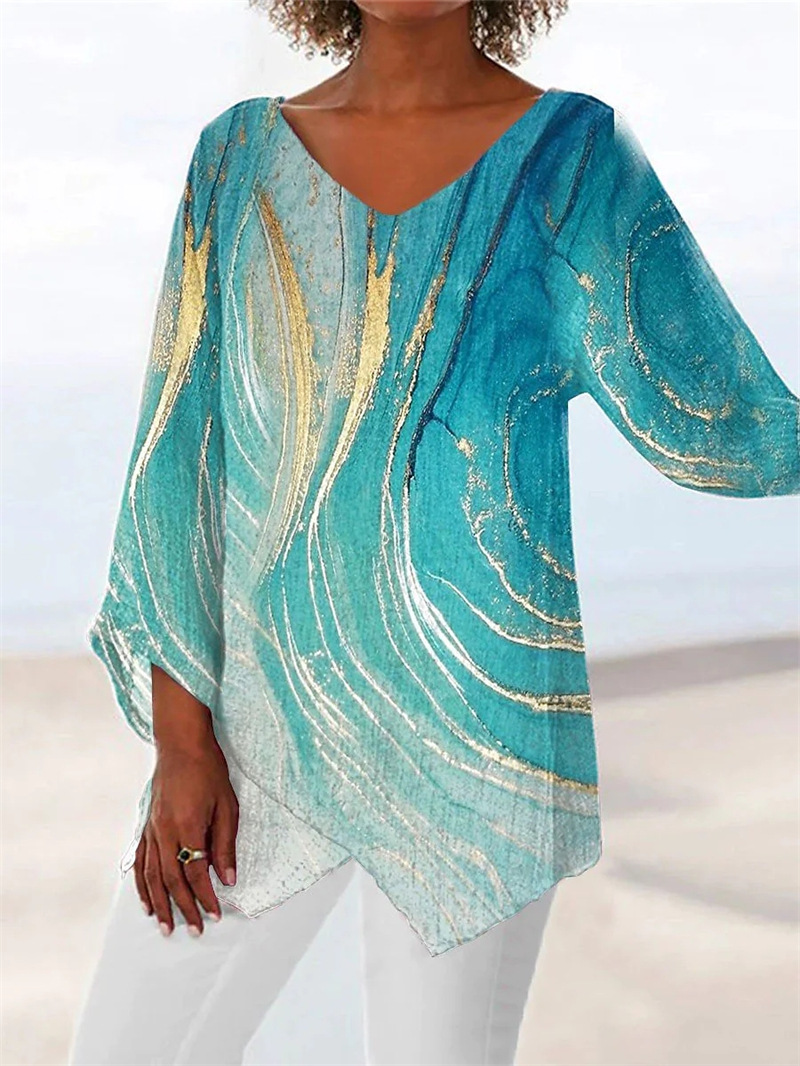 Spring and Summer Geometric Printed Long Sleeve V-neck Patchwork Shirt