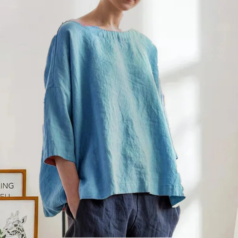 Round Neck Cotton and Linen T-shirt Loose Plus Size Women's Top