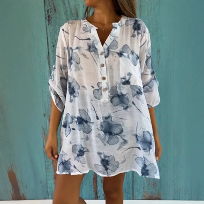 Women'S Simple Floral Print V-Neck Pullover Shirt