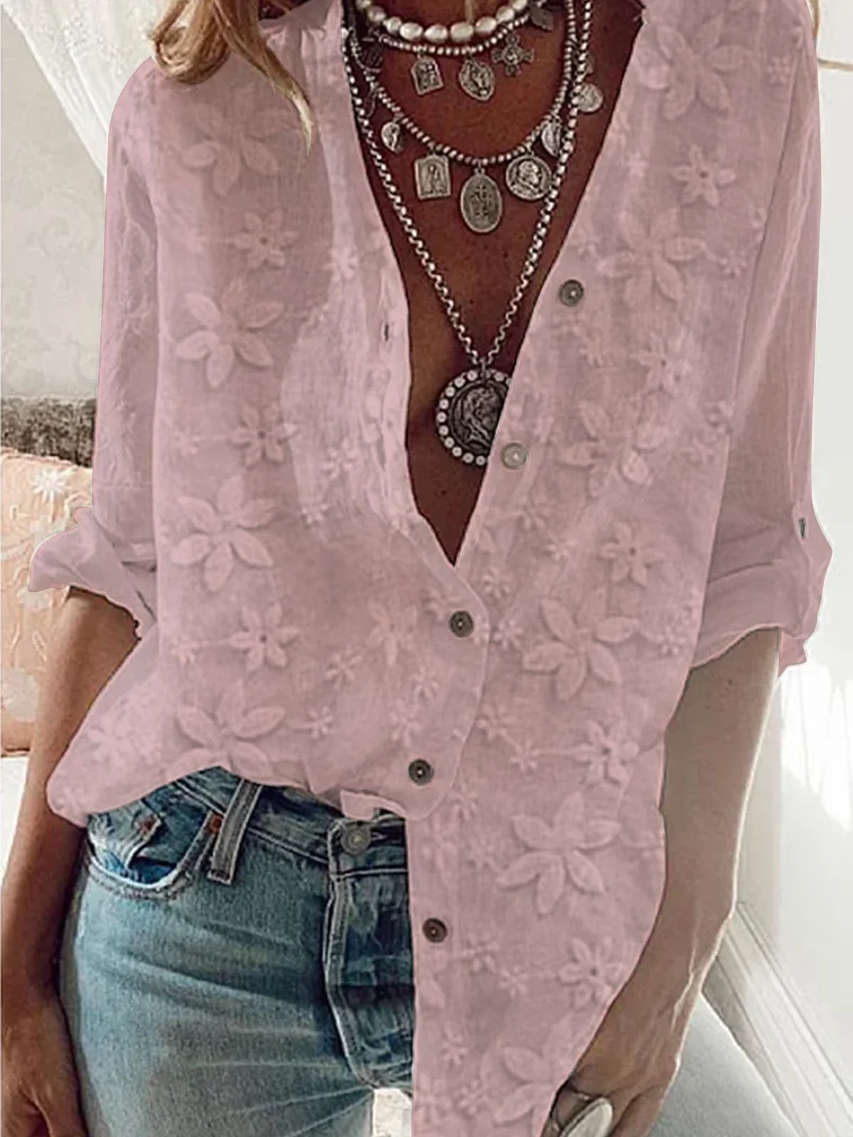 V Neck Embroidery Simple Cotton Plain Loose Blouse