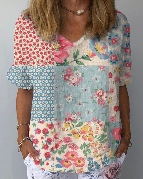 Women's Retro Floral Casual V-Neck Cotton And Linen Top