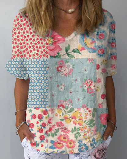 Women's Retro Floral Casual V-Neck Cotton And Linen Top