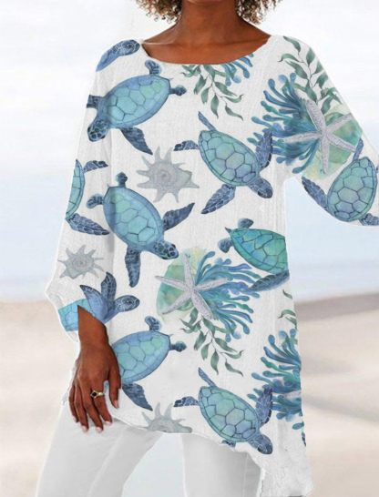 Women Hawaiian Turtle Print Loose Casual Shirts