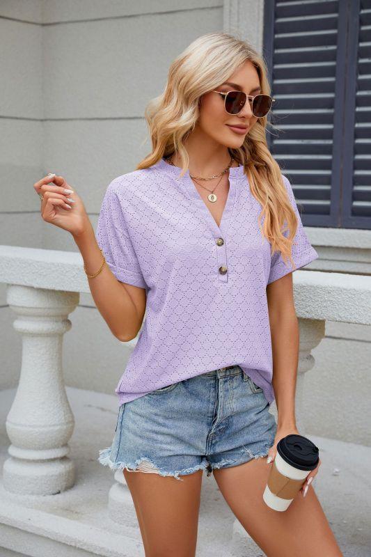 Solid color V-neck button loose short-sleeved T-shirt women's top