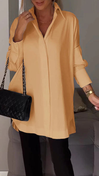 Women Long Sleeve Blouse Lapel Slit Shirt