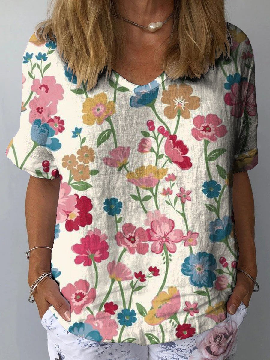 Women's Vintage Elegant Floral Art Print Casual Cotton And Linen Shirt