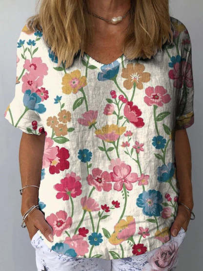 Women's Vintage Elegant Floral Art Print Casual Cotton And Linen Shirt