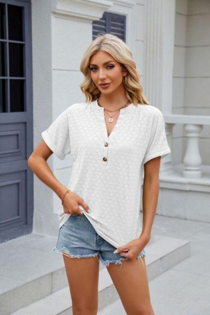 Solid color V-neck button loose short-sleeved T-shirt women's top