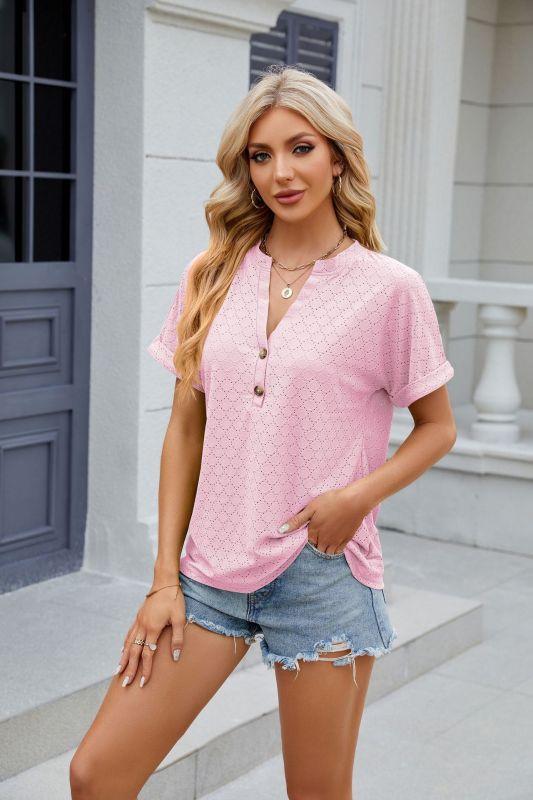Solid color V-neck button loose short-sleeved T-shirt women's top
