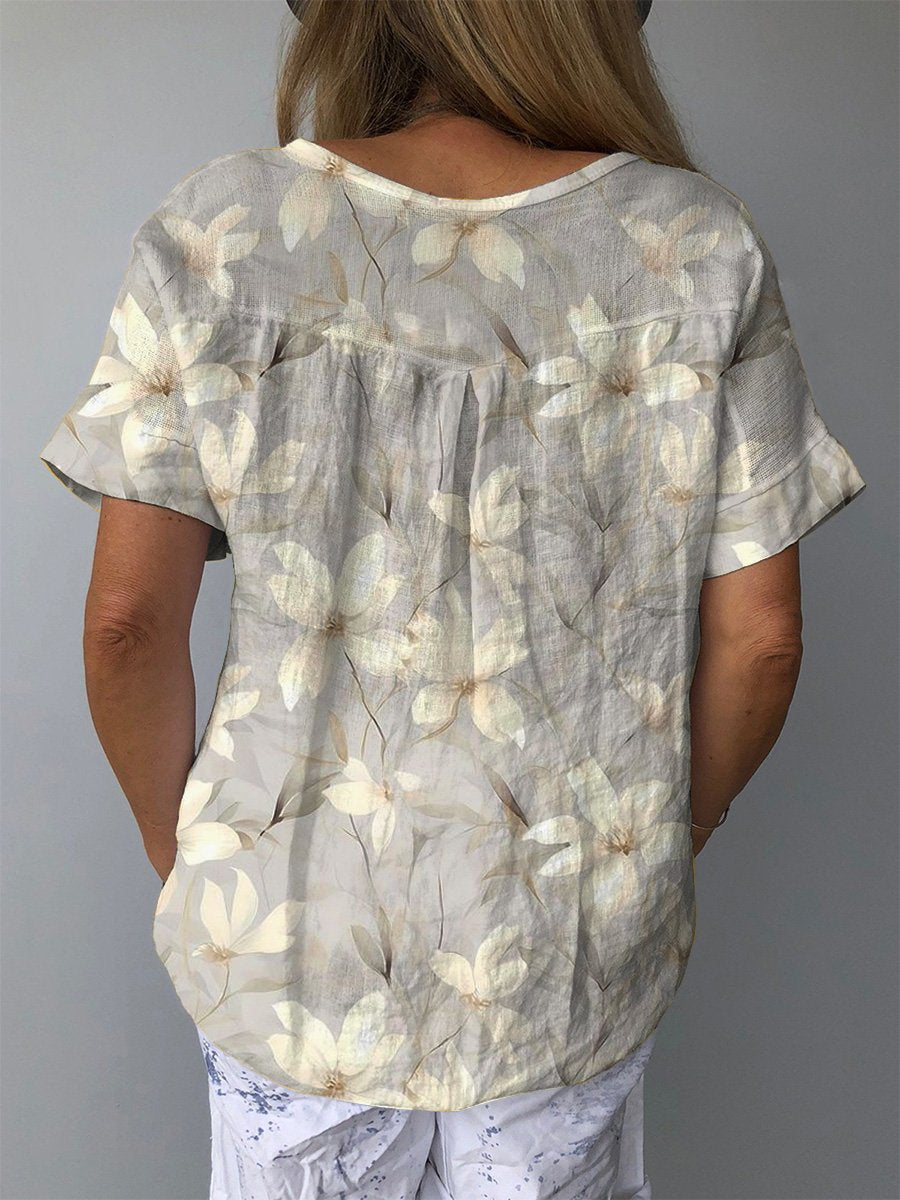 White Magnolia Blossom Repeat Pattern Printed Women's Casual Cotton And Linen Shirt