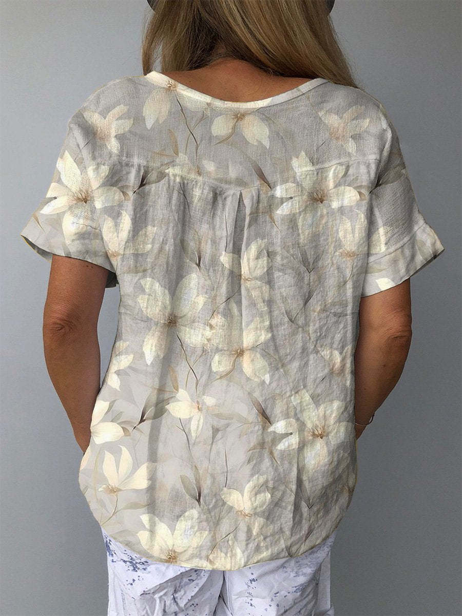 White Magnolia Blossom Repeat Pattern Printed Women's Casual Cotton And Linen Shirt