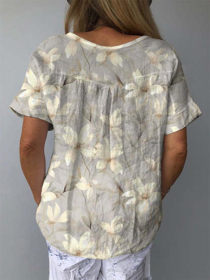 White Magnolia Blossom Repeat Pattern Printed Women's Casual Cotton And Linen Shirt
