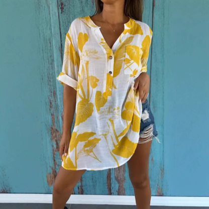 Women'S Simple Floral Print V-Neck Pullover Shirt