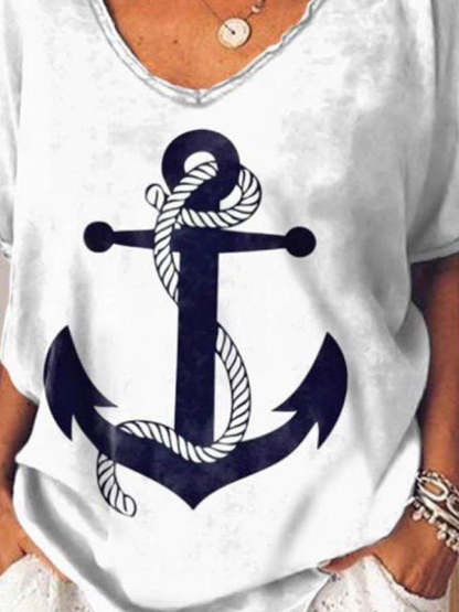 Anchor Print V-neck Striped  T-shirt