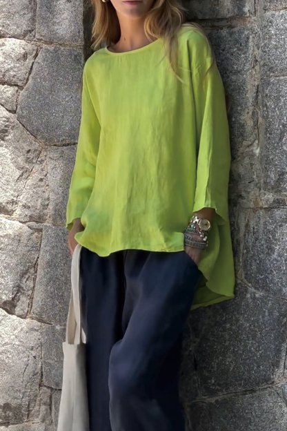 Women Solid color cotton and linen long sleeve shirt